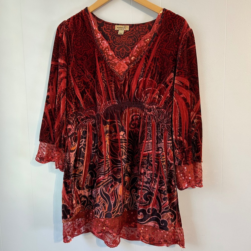 One‎ World Velvet Tunic Top Red Paisley Sequin Lace Empire Waist Womens Large